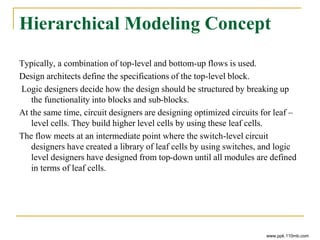 Hierarchical Modeling Concept
Typically, a combination of top-level and bottom-up flows is used.
Design architects define the specifications of the top-level block.
Logic designers decide how the design should be structured by breaking up
the functionality into blocks and sub-blocks.
At the same time, circuit designers are designing optimized circuits for leaf –
level cells. They build higher level cells by using these leaf cells.
The flow meets at an intermediate point where the switch-level circuit
designers have created a library of leaf cells by using switches, and logic
level designers have designed from top-down until all modules are defined
in terms of leaf cells.
www.ppk.110mb.com
 