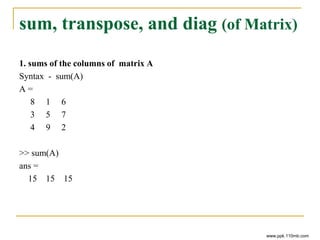 sum, transpose, and diag (of Matrix)
1. sums of the columns of matrix A
Syntax - sum(A)
A =
8 1 6
3 5 7
4 9 2
>> sum(A)
ans =
15 15 15
www.ppk.110mb.com
 