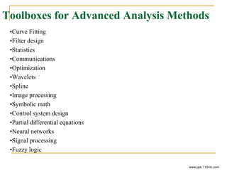 Toolboxes for Advanced Analysis Methods
•Curve Fitting
•Filter design
•Statistics
•Communications
•Optimization
•Wavelets
•Spline
•Image processing
•Symbolic math
•Control system design
•Partial differential equations
•Neural networks
•Signal processing
•Fuzzy logic
www.ppk.110mb.com
 