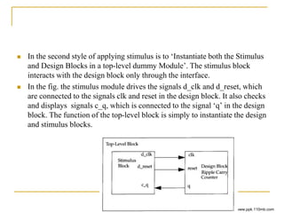  In the second style of applying stimulus is to ‘Instantiate both the Stimulus
and Design Blocks in a top-level dummy Module’. The stimulus block
interacts with the design block only through the interface.
 In the fig. the stimulus module drives the signals d_clk and d_reset, which
are connected to the signals clk and reset in the design block. It also checks
and displays signals c_q, which is connected to the signal ‘q’ in the design
block. The function of the top-level block is simply to instantiate the design
and stimulus blocks.
www.ppk.110mb.com
 