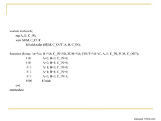 module testbench;
reg A, B, C_IN;
wire SUM, C_OUT;
fulladd adder (SUM, C_OUT, A, B, C_IN);
$monitor ($time, “A=%b, B =%b, C_IN=%b, SUM=%b, COUT=%b n”, A, B, C_IN, SUM, C_OUT);
#10 A=0; B=0; C_IN=0;
#10 A=0; B=1; C_IN=0;
#10 A=1; B=0; C_IN=0;
#10 A=1; B=1; C_IN=0;
#10 A=0; B=0; C_IN=1;
#500 $finish
end
endmodule
www.ppk.110mb.com
 