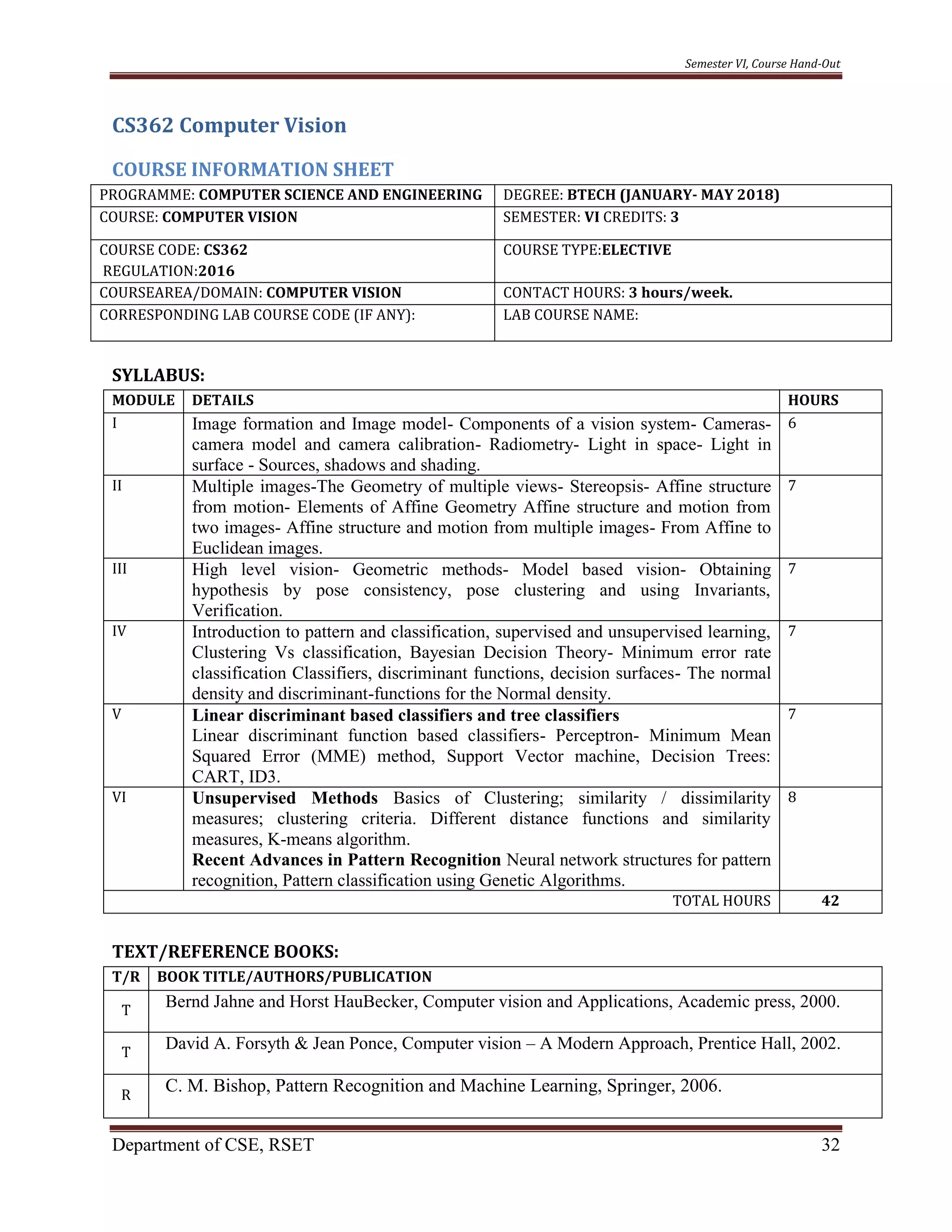 Semester VI, Course Hand-Out
Department of CSE, RSET 32
CS362 Computer Vision
COURSE INFORMATION SHEET
PROGRAMME: COMPUTER SCIENCE AND ENGINEERING DEGREE: BTECH (JANUARY- MAY 2018)
COURSE: COMPUTER VISION SEMESTER: VI CREDITS: 3
COURSE CODE: CS362
REGULATION:2016
COURSE TYPE:ELECTIVE
COURSEAREA/DOMAIN: COMPUTER VISION CONTACT HOURS: 3 hours/week.
CORRESPONDING LAB COURSE CODE (IF ANY): LAB COURSE NAME:
SYLLABUS:
MODULE DETAILS HOURS
I Image formation and Image model- Components of a vision system- Cameras-
camera model and camera calibration- Radiometry- Light in space- Light in
surface - Sources, shadows and shading.
6
II Multiple images-The Geometry of multiple views- Stereopsis- Affine structure
from motion- Elements of Affine Geometry Affine structure and motion from
two images- Affine structure and motion from multiple images- From Affine to
Euclidean images.
7
III High level vision- Geometric methods- Model based vision- Obtaining
hypothesis by pose consistency, pose clustering and using Invariants,
Verification.
7
IV Introduction to pattern and classification, supervised and unsupervised learning,
Clustering Vs classification, Bayesian Decision Theory- Minimum error rate
classification Classifiers, discriminant functions, decision surfaces- The normal
density and discriminant-functions for the Normal density.
7
V Linear discriminant based classifiers and tree classifiers
Linear discriminant function based classifiers- Perceptron- Minimum Mean
Squared Error (MME) method, Support Vector machine, Decision Trees:
CART, ID3.
7
VI Unsupervised Methods Basics of Clustering; similarity / dissimilarity
measures; clustering criteria. Different distance functions and similarity
measures, K-means algorithm.
Recent Advances in Pattern Recognition Neural network structures for pattern
recognition, Pattern classification using Genetic Algorithms.
8
TOTAL HOURS 42
TEXT/REFERENCE BOOKS:
T/R BOOK TITLE/AUTHORS/PUBLICATION
T
Bernd Jahne and Horst HauBecker, Computer vision and Applications, Academic press, 2000.
T
David A. Forsyth & Jean Ponce, Computer vision – A Modern Approach, Prentice Hall, 2002.
R
C. M. Bishop, Pattern Recognition and Machine Learning, Springer, 2006.
 