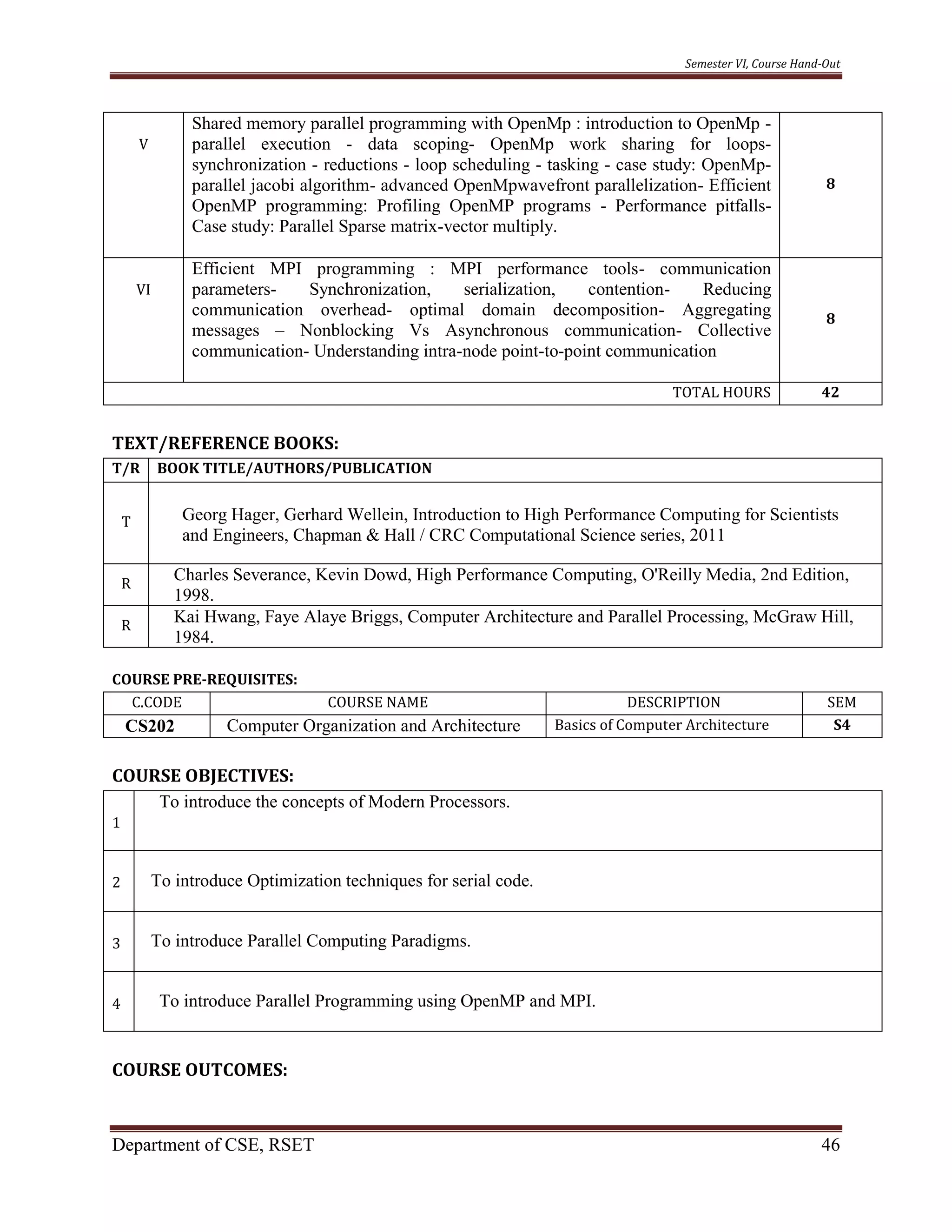 Semester VI, Course Hand-Out
Department of CSE, RSET 46
V
Shared memory parallel programming with OpenMp : introduction to OpenMp -
parallel execution - data scoping- OpenMp work sharing for loops-
synchronization - reductions - loop scheduling - tasking - case study: OpenMp-
parallel jacobi algorithm- advanced OpenMpwavefront parallelization- Efficient
OpenMP programming: Profiling OpenMP programs - Performance pitfalls-
Case study: Parallel Sparse matrix-vector multiply.
8
VI
Efficient MPI programming : MPI performance tools- communication
parameters- Synchronization, serialization, contention- Reducing
communication overhead- optimal domain decomposition- Aggregating
messages – Nonblocking Vs Asynchronous communication- Collective
communication- Understanding intra-node point-to-point communication
8
TOTAL HOURS 42
TEXT/REFERENCE BOOKS:
T/R BOOK TITLE/AUTHORS/PUBLICATION
T Georg Hager, Gerhard Wellein, Introduction to High Performance Computing for Scientists
and Engineers, Chapman & Hall / CRC Computational Science series, 2011
R
Charles Severance, Kevin Dowd, High Performance Computing, O'Reilly Media, 2nd Edition,
1998.
R
Kai Hwang, Faye Alaye Briggs, Computer Architecture and Parallel Processing, McGraw Hill,
1984.
COURSE PRE-REQUISITES:
C.CODE COURSE NAME DESCRIPTION SEM
CS202 Computer Organization and Architecture Basics of Computer Architecture S4
COURSE OBJECTIVES:
1
To introduce the concepts of Modern Processors.
2 To introduce Optimization techniques for serial code.
3 To introduce Parallel Computing Paradigms.
4 To introduce Parallel Programming using OpenMP and MPI.
COURSE OUTCOMES:
 