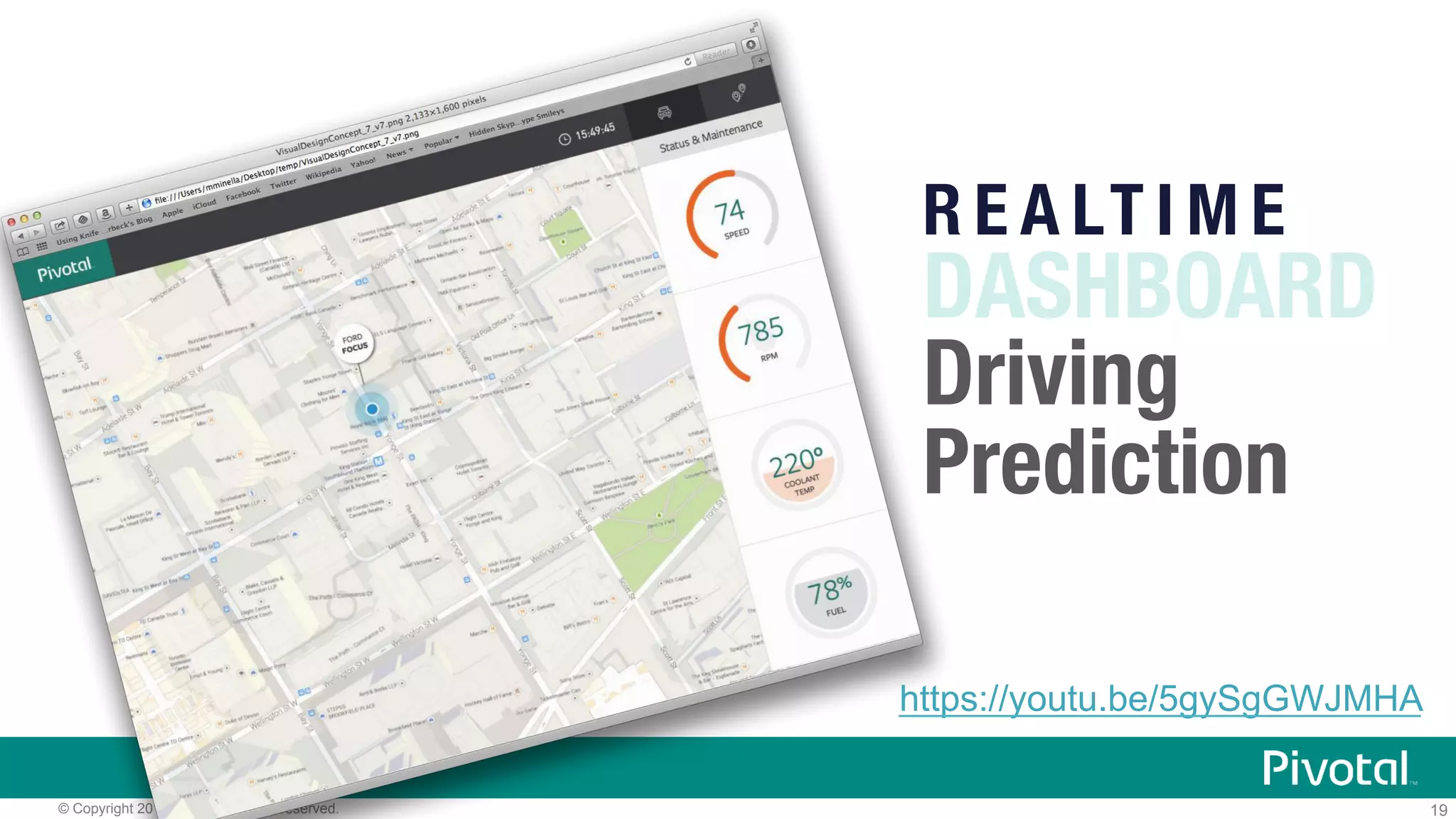 19© Copyright 2015 Pivotal. All rights reserved.
R E A LT I M E 
DASHBOARD
Driving
Prediction
https://youtu.be/5gySgGWJMHA
 