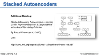 © SuperDataScienceDeep Learning A-Z
Stacked Denoising Autoencoders: Learning
Useful Representations in a Deep Network
with a Local Denoising Criterion
By Pascal Vincent et al. (2010)
Link:
http://www.jmlr.org/papers/volume11/vincent10a/vincent10a.pdf
Additional Reading:
 