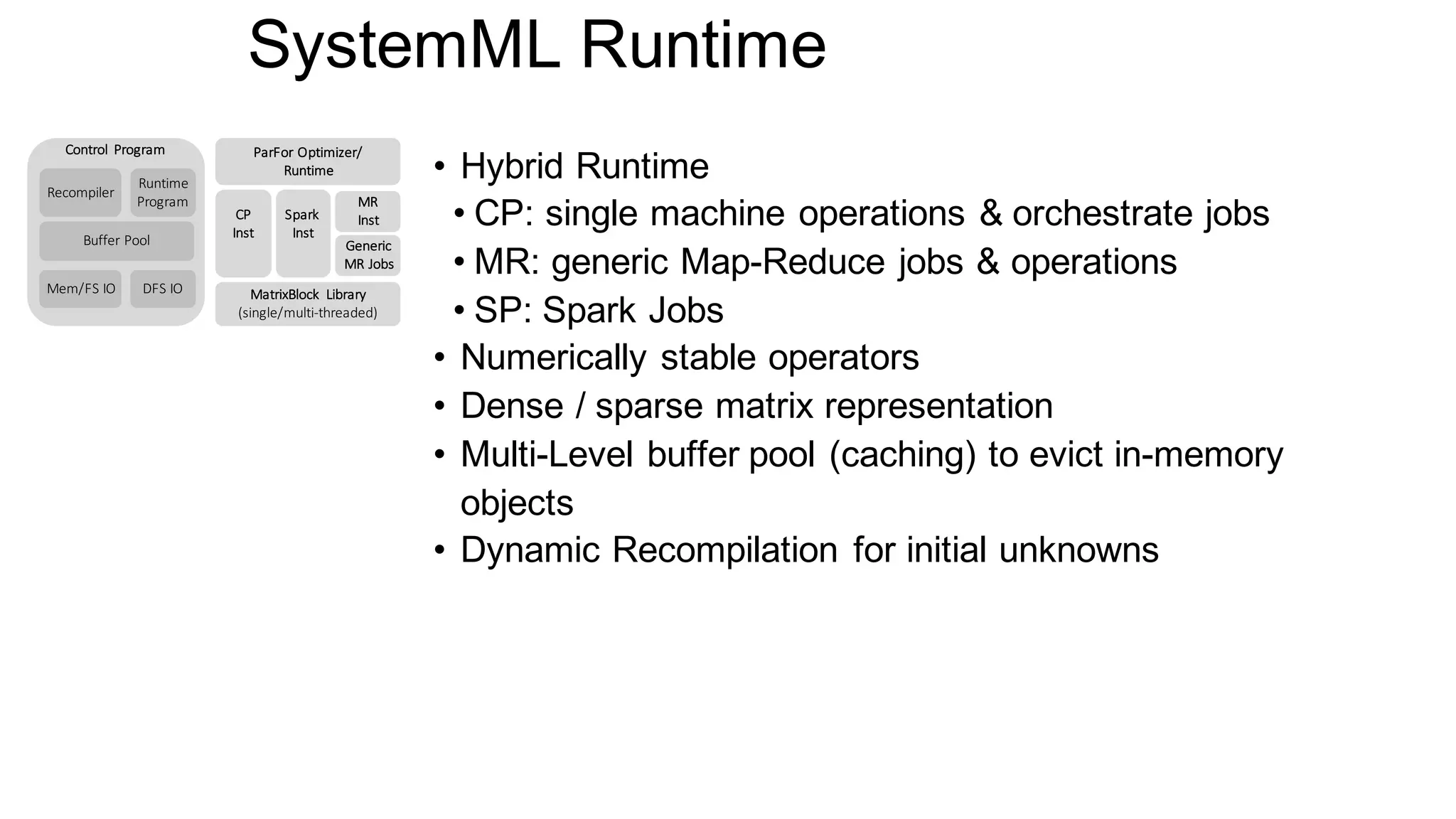 SystemML Runtime
• Hybrid Runtime
• CP: single machine operations & orchestrate jobs
• MR: generic Map-Reduce jobs & operations
• SP: Spark Jobs
• Numerically stable operators
• Dense / sparse matrix representation
• Multi-Level buffer pool (caching) to evict in-memory
objects
• Dynamic Recompilation for initial unknowns
Control	 Program
Runtime
Program
Buffer	Pool
ParFor Optimizer/
Runtime
MR
InstSpark	
Inst
CP
Inst
Recompiler
DFS	IOMem/FS	IO
Generic
MR	Jobs
MatrixBlock Library
(single/multi-threaded)
 