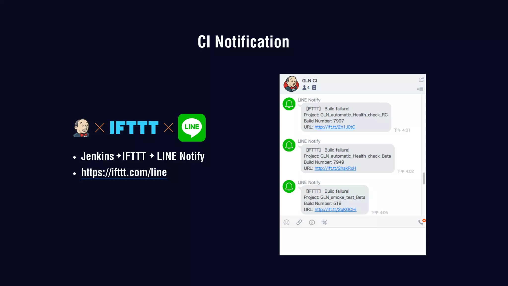 • Jenkins IFTTT LINE Notify
• https://ifttt.com/line
CI Notification
 