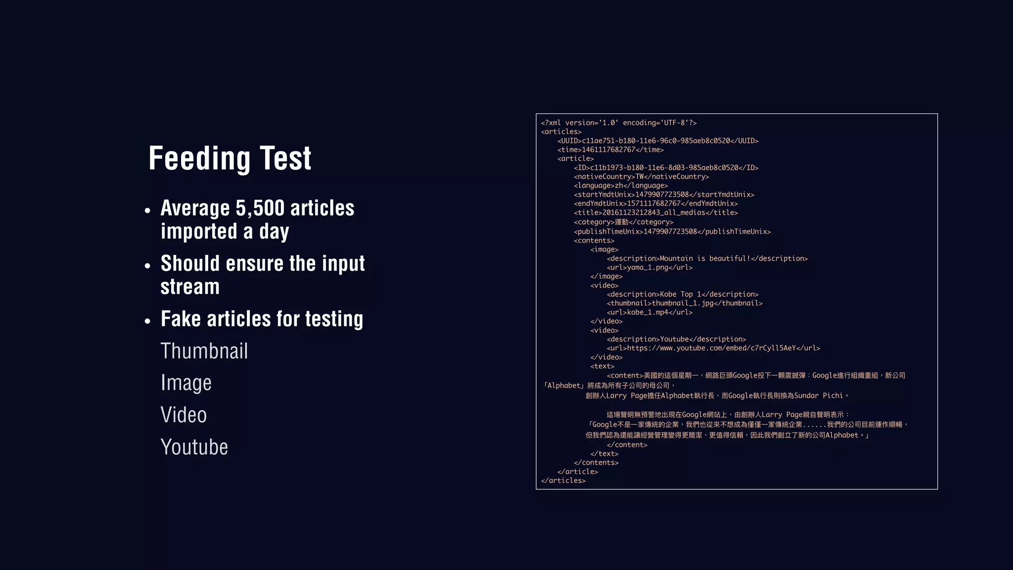Feeding Test
• Average 5,500 articles
imported a day
• Should ensure the input
stream
• Fake articles for testing
Thumbnail
Image
Video
Youtube
<?xml version='1.0' encoding='UTF-8'?>
<articles>
<UUID>c11ae751-b180-11e6-96c0-985aeb8c0520</UUID>
<time>1461117682767</time>
<article>
<ID>c11b1973-b180-11e6-8d03-985aeb8c0520</ID>
<nativeCountry>TW</nativeCountry>
<language>zh</language>
<startYmdtUnix>1479907723508</startYmdtUnix>
<endYmdtUnix>1571117682767</endYmdtUnix>
<title>20161123212843_all_medias</title>
<category> </category>
<publishTimeUnix>1479907723508</publishTimeUnix>
<contents>
<image>
<description>Mountain is beautiful!</description>
<url>yama_1.png</url>
</image>
<video>
<description>Kobe Top 1</description>
<thumbnail>thumbnail_1.jpg</thumbnail>
<url>kobe_1.mp4</url>
</video>
<video>
<description>Youtube</description>
<url>https://www.youtube.com/embed/c7rCyll5AeY</url>
</video>
<text>
<content> Google Google
Alphabet
Larry Page Alphabet Google Sundar Pichi
Google Larry Page
Google ......
Alphabet
</content>
</text>
</contents>
</article>
</articles>
 
