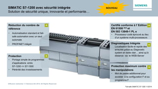 Diffusion restreinte / © Siemens AG 2014. All Rights Reserved.
Fail-safe SIMATIC S7-1200 11/2014
SIMATIC S7-1200 avec sécurité intégrée
Solution de sécurité unique, innovante et performante…
Réduction du nombre de
référence
 Automatisation standard et fail-
safe automation avec un seul
automate
 PROFINET intégré
Protection
 Portage simple de programmes
d’applications entre
S7-1200 <> S7-1500
 Pérénité des investissements
Certifié conforme à l’ Edition
EN 61508 2nd et
EN ISO 13849-1 PL e
 Processeur codé éprouvé au lieu
d’un système multi-processeurs
Protection maximum contre
les manipulations
 Mot de passe additionnel pour
accéder à la configuration F et au
programme F
Diagnostiques Intégrés
• Localisation facile et rapide des
erreures grâce au Diagnostic
system en texte clair… ainsi qu’à
distance via le WEB-Server
+ +
+
+
+
NOUVEAU
 