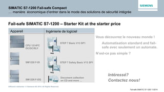 Diffusion restreinte / © Siemens AG 2014. All Rights Reserved.
Fail-safe SIMATIC S7-1200 11/2014
SIMATIC S7-1200 Fail-safe Compact
… manière économique d’entrer dans le mode des solutions de sécurité intégrée
Fail-safe SIMATIC S7-1200 – Starter Kit at the starter price
SM1226 F-DI
SM1226 F-DQ
CPU 1214FC
DC/DC/RLY
Intéressé?
Contactez nous!
STEP 7 Safety Basic V13 SP1
STEP 7 Basic V13 SP1
Appareil Ingénierie de logiciel
Document collection
on CD and more …
Vous découvrez le nouveau monde !
Automatisation standard and fail-
safe avec seulement un automate.
N’est-ce pas simple ?
 