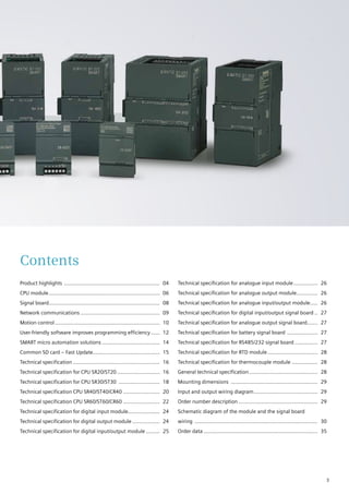 Technical specification for analogue input module................. 	26
Technical specification for analogue output module.............. 	26
Technical specification for analogue input/output module...... 	26
Technical specification for digital input/output signal board... 	27
Technical specification for analogue output signal board....... 	27
Technical specification for battery signal board ..................... 	27
Technical specification for RS485/232 signal board................ 	27
Technical specification for RTD module.................................. 	28
Technical specification for thermocouple module.................. 	28
General technical specification.............................................. 	28
Mounting dimensions .......................................................... 	29
Input and output wiring diagram........................................... 	29
Order number description..................................................... 	29
Schematic diagram of the module and the signal board
wiring .................................................................................. 	30
Order data............................................................................ 	35
Product highlights ................................................................ 	04
CPU module.......................................................................... 	06
Signal board.......................................................................... 	08
Network communications..................................................... 	09
Motion control...................................................................... 	10
User-friendly software improves programming efficiency....... 	12
SMART micro automation solutions....................................... 	14
Common SD card – Fast Update............................................. 	15
Technical specification.......................................................... 	16
Technical specification for CPU SR20/ST20............................. 	16
Technical specification for CPU SR30/ST30 ............................ 	18
Technical specification CPU SR40/ST40/CR40 ......................... 	20
Technical specification CPU SR60/ST60/CR60 ......................... 	22
Technical specification for digital input module..................... 	24
Technical specification for digital output module................... 	24
Technical specification for digital input/output module.......... 	25
Contents
3
 