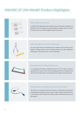 SIMATIC S7-200 SMART Product Highlights
More models, more choices
It provides CPU modules that have a large number of I/O points onboard (up to
60 points.) The CPU module has a standard type and compact type for the users
to choose, which can meet the different needs of customers.
Extension options, accurate customization
The new signal boards are designed with scalable communication ports,
digital or analog channels, that are closely fitting to the user's application
requirements, and lower the user’s costs for expansion.
High speed chip, excellent performance
It is equipped with Siemens dedicated processor chip, the basic instruction
execution time is up to 0.15 μs, it has the leading performance compared to the
micro PLC of the same level, it can easily deal with complex and fast processes.
Ethernet interconnectivity, economic and convenient
All CPUs have integrated Ethernet interface to download the programs
conveniently and quickly using the common cable. Through the Ethernet port,
it can connect to other Simatic CPUs / HMIs to realize interconnection and set up
the network.
Onboard
max 60 I/O
Standard
type
Compact
type
4
 