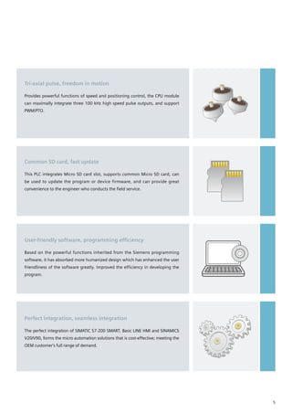Tri-axial pulse, freedom in motion
Provides powerful functions of speed and positioning control, the CPU module
can maximally integrate three 100 kHz high speed pulse outputs, and support
PWM/PTO.
Common SD card, fast update
This PLC integrates Micro SD card slot, supports common Micro SD card, can
be used to update the program or device firmware, and can provide great
convenience to the engineer who conducts the field service.
User-friendly software, programming efficiency
Based on the powerful functions inherited from the Siemens programming
software, it has absorbed more humanized design which has enhanced the user
friendliness of the software greatly. Improved the efficiency in developing the
program.
Perfect integration, seamless integration
The perfect integration of SIMATIC S7-200 SMART, Basic LINE HMI and SINAMICS
V20/V90, forms the micro automation solutions that is cost-effective; meeting the
OEM customer’s full range of demand.
5
 