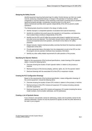 6-3
S7-200 Programmable Controller System Manual
C79000-G7076-C230-02
Designing the Safety Circuits
Identify equipment requiring hard-wired logic for safety. Control devices can fail in an unsafe
manner, producing unexpected startup or change in the operation of machinery. Where
unexpected or incorrect operation of the machinery could result in physical injury to people or
significant property damage, consideration should be given to to the use of
electro-mechanical overrides which operate independently of the CPU to prevent unsafe
operations.
The following tasks should be included in the design of safety circuits:
S Identify improper or unexpected operation of actuators that could be hazardous.
S Identify the conditions that would assure the operation is not hazardous, and determine
how to detect these conditions independently of the CPU.
S Identify how the CPU and I/O affect the process when power is applied and removed,
and when errors are detected. This information should only be used for designing for the
normal and expected abnormal operation, and should not be relied on for safety
purposes.
S Design manual or electro-mechanical safety overrides that block the hazardous operation
independent of the CPU.
S Provide appropriate status information from the independent circuits to the CPU so that
the program and any operator interfaces have necessary information.
S Identify any other safety-related requirements for safe operation of the process.
Specifying the Operator Stations
Based on the requirements of the functional specifications, create drawings of the operator
station. Include the following items:
S Overview showing the location of each operator station in relation to the process or
machine
S Mechanical layout of the devices (display, switches, lights, etc.) for the operator station
S Electrical drawings with the associated I/O of the CPU or expansion module
Creating the PLC Configuration Drawings
Based on the requirements of the functional specification, create configuration drawings of
the control equipment. Include the following items:
S Overview showing the location of each CPU module in relation to the process or machine
S Mechanical layout of the CPU module and expansion I/O modules (including cabinets
and other equipment)
S Electrical drawings for each CPU module and expansion I/O module (including the device
model numbers, communication addresses, and I/O addresses)
Creating a List of Symbolic Names
If you choose to use symbolic names for addressing, create a list of symbolic names for the
absolute addresses. Include not only the physical I/O signals, but also the other elements to
be used in your program.
Basic Concepts for Programming an S7-200 CPU
 