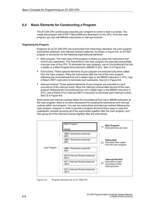 6-8
S7-200 Programmable Controller System Manual
C79000-G7076-C230-02
6.4 Basic Elements for Constructing a Program
The S7-200 CPU continuously executes your program to control a task or process. You
create this program with STEP 7-Micro/WIN and download it to the CPU. From the main
program, you can call different subroutines or interrupt routines.
Organizing the Program
Programs for an S7-200 CPU are constructed from three basic elements: the main program,
subroutines (optional), and interrupt routines (optional). As shown in Figure 6-6, an S7-200
program is structured into the following organizational elements:
S Main program: The main body of the program is where you place the instructions that
control your application. The instructions in the main program are executed sequentially,
once per scan of the CPU. To terminate the main program, use an Unconditional End coil
in ladder or a Main Program End instruction (MEND) in STL. See (1) in Figure 6-6.
S Subroutines: These optional elements of your program are executed only when called
from the main program. Place the subroutines after the end of the main program
(following the Unconditional End coil in ladder logic or the MEND instruction in STL). Use
a Return (RET) instruction to terminate each subroutine. See (2) in Figure 6-6.
S Interrupt routines: These optional elements of your program are executed on each
occurrence of the interrupt event. Place the interrupt routines after the end of the main
program (following the Unconditional End coil in ladder logic or the MEND instruction in
STL). Use a Return From Interrupt (RETI) instruction to terminate each interrupt routine.
See (3) in Figure 6-6.
Subroutines and interrupt routines follow the Unconditional End coil or MEND instruction of
the main program; there is no other requirement for locating the subroutines and interrupt
routines within your program. You can mix subroutines and interrupt routines following the
main program; however, in order to provide a program structure that is easy to read and
understand, consider grouping all of the subroutines together after the main program, and
then group all of the interrupt routines together after the subroutines.
Main Program
MEND
SBR 0 Subroutine (optional)
RET
SBR 1 Subroutine (optional)
RET
SBR n Subroutine (optional)
RET
INT 0 Interrupt Routine (optional)
RETI
INT 1 Interrupt Routine (optional)
RETI
INT n Interrupt Routine (optional)
RETI
Main Program:
Executed once per scan
Subroutine:
Executed when called
from the main program
Interrupt Routine:
Executed on each
occurrence of the
interrupt event
(1)
(2)
(3)
User Program
Figure 6-6 Program Structure for an S7-200 CPU
Basic Concepts for Programming an S7-200 CPU
 