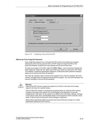 6-15
S7-200 Programmable Controller System Manual
C79000-G7076-C230-02
CPU Configure
Password
Port 0
Output Table
Retentive Ranges
OK Cancel
Configuration parameters must be downloaded before they take effect.
Port 1 Input Filters
Password:
Minimum Privileges (Level 3)
Partial Privileges (Level 2)
Verify:
Full Privileges (Level 1)
Figure 6-10 Configuring a Password for the CPU
What to Do If You Forget the Password
If you forget the password, you must clear the CPU memory and reload your program.
Clearing the CPU memory puts the CPU in STOP mode and resets the CPU to the
factory-set defaults, except for the node address and the time-of-day clock.
To clear your program in the CPU, select the CPU  Clear... menu command to display the
Clear dialog box. Select the “All” option and confirm your action by clicking the “OK” button.
This displays a password-authorization dialog box. Entering the Clear password (clearplc)
allows you to continue the Clear All operation.
The Clear All operation does not remove the program from a memory cartridge. Since the
memory cartridge stores the password along with the program, you must also reprogram the
memory cartridge to remove the lost password.
Warning
Clearing the CPU memory causes the outputs to turn off (or in the case of an analog
output, to be frozen at a specific value).
If the S7-200 CPU module is connected to equipment when you clear the CPU memory,
changes in the state of the outputs can be transmitted to the equipment. If you had
configured the “safe state” for the outputs to be different from the factory settings, changes
in the outputs could cause unanticipated activity in the equipment, which could also cause
death or serious injury to personnel, and/or damage to equipment.
Always follow appropriate safety precautions and ensure that your process is in a safe
state before clearing the CPU memory.
Basic Concepts for Programming an S7-200 CPU
!
 