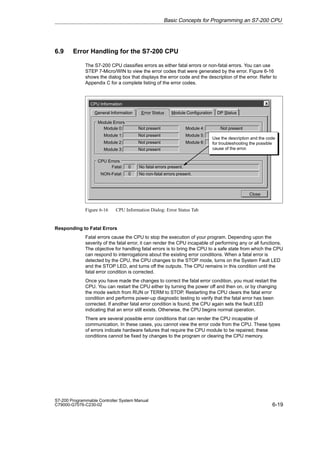 6-19
S7-200 Programmable Controller System Manual
C79000-G7076-C230-02
6.9 Error Handling for the S7-200 CPU
The S7-200 CPU classifies errors as either fatal errors or non-fatal errors. You can use
STEP 7-Micro/WIN to view the error codes that were generated by the error. Figure 6-16
shows the dialog box that displays the error code and the description of the error. Refer to
Appendix C for a complete listing of the error codes.
CPU Information
General Information Error Status DP Status
Module Errors
Module 0:
Module 1:
Module 2:
Module 3:
Not present
Not present
Not present
Not present
Module 4:
Module 5:
Module 6:
Not present
Not present
Not present
CPU Errors
Fatal:
NON-Fatal:
0
0
No fatal errors present.
No non-fatal errors present.
Use the description and the code
for troubleshooting the possible
cause of the error.
Module Configuration
Close
Figure 6-16 CPU Information Dialog: Error Status Tab
Responding to Fatal Errors
Fatal errors cause the CPU to stop the execution of your program. Depending upon the
severity of the fatal error, it can render the CPU incapable of performing any or all functions.
The objective for handling fatal errors is to bring the CPU to a safe state from which the CPU
can respond to interrogations about the existing error conditions. When a fatal error is
detected by the CPU, the CPU changes to the STOP mode, turns on the System Fault LED
and the STOP LED, and turns off the outputs. The CPU remains in this condition until the
fatal error condition is corrected.
Once you have made the changes to correct the fatal error condition, you must restart the
CPU. You can restart the CPU either by turning the power off and then on, or by changing
the mode switch from RUN or TERM to STOP. Restarting the CPU clears the fatal error
condition and performs power-up diagnostic testing to verify that the fatal error has been
corrected. If another fatal error condition is found, the CPU again sets the fault LED
indicating that an error still exists. Otherwise, the CPU begins normal operation.
There are several possible error conditions that can render the CPU incapable of
communication. In these cases, you cannot view the error code from the CPU. These types
of errors indicate hardware failures that require the CPU module to be repaired; these
conditions cannot be fixed by changes to the program or clearing the CPU memory.
Basic Concepts for Programming an S7-200 CPU
 
