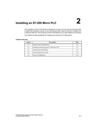 2-1
S7-200 Programmable Controller System Manual
C79000-G7076-C230-02
Installing an S7-200 Micro PLC
The installation of the S7-200 family is designed to be easy. You can use the mounting holes
to attach the modules to a panel, or you can use the built-in clips to mount the modules onto
a standard (DIN) rail. The small size of the S7-200 allows you to make efficient use of space.
This chapter provides guidelines for installing and wiring your S7-200 system.
Chapter Overview
Section Description Page
2.1 Panel Layout Considerations 2-2
2.2 Installing and Removing an S7-200 Micro PLC 2-5
2.3 Installing the Field Wiring 2-8
2.4 Using Suppression Circuits 2-13
2.5 Power Considerations 2-15
2
 