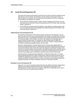 8-2
S7-200 Programmable Controller System Manual
C79000-G7076-C230-02
8.1 Local I/O and Expansion I/O
The inputs and outputs are the system control points: the inputs monitor the signals from the
field devices (such as sensors and switches), and the outputs control pumps, motors, or
other devices in your process. You can have local I/O (provided by the CPU) or expansion
I/O (provided by an expansion I/O module):
S The S7-200 CPU module provides a certain number of digital local I/O points. For more
information about the amount of local I/O provided by your CPU module, refer to the data
sheets in Appendix A.
S The S7-200 CPU modules support the addition of both digital and analog expansion I/O.
For more information about the capabilities of the different expansion I/O modules, refer
to the data sheets in Appendix A.
Addressing the Local and Expansion I/O
The local I/O provided by the CPU module provides a fixed set of I/O addresses. You can
add I/O points to the CPU by connecting expansion I/O modules to the right side of the CPU,
forming an I/O chain. The addresses of the points of the module are determined by the type
of I/O and the position of the module in the chain, with respect to the preceding input or
output module of the same type. For example, an output module does not affect the
addresses of the points on an input module, and vice versa. Likewise, analog modules do
not affect the addressing of digital modules, and vice versa.
Discrete or digital expansion modules always reserve process-image register space in
increments of eight bits (one byte). If a module does not provide a physical point for each bit
of each reserved byte, these unused bits cannot be assigned to subsequent modules in the
I/O chain. For output modules, the unused bits in the reserved bytes can be used like internal
memory bits (M bits). For input modules, the unused bits in reserved bytes are set to zero
with each input update cycle, and therefore cannot be used as internal memory bits.
Analog expansion modules are always allocated in increments of two points. If a module
does not provide physical I/O for each of these points, these I/O points are lost and are not
available for assignment to subsequent modules in the I/O chain. Since there is no image
memory provided for analog I/O, there is no way to use these unused analog I/O points. All
analog I/O accesses are made immediately at the time of instruction execution.
Examples of Local and Expansion I/O
Figures 8-1, 8-2, and 8-3 provide examples that show how different hardware configurations
affect the I/O numbering. Notice that some of the configurations contain gaps in the
addressing that cannot be used by your program, while other I/O addresses can be used in
the same manner as the internal memory (M) bits.
Input/Output Control
 