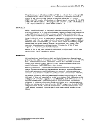9-3
S7-200 Programmable Controller System Manual
C79000-G7076-C230-02
The protocols support 127 addresses (0 through 126) on a network. There can be up to 32
master devices on a network. All devices on a network must have different addresses in
order to be able to communicate. SIMATIC programming devices and PCs running
STEP 7-Micro/WIN have the default address of 0. Operator panels such as the TD 200, OP3,
and the OP7 default to address 1. The programmable controllers have the default address of
2. The DP port on the CPU 215 has the default address of 126.
PPI Protocol
PPI is a master/slave protocol. In this protocol the master devices (other CPUs, SIMATIC
programming devices, or TD 200s) send requests to the slave devices and the slave devices
respond. Slave devices do not initiate messages, but wait until a master sends them a
request or polls them for a response. All S7-200 CPUs act as slave devices on the network.
Some S7-200 CPUs can act as master devices while they are in RUN mode, if you enable
PPI master mode in the user program. (See the description of SMB30 in Appendix D.) Once
PPI master mode has been enabled, you can read from or write to other CPUs by using the
Network Read (NETR) and Network Write (NETW) instructions. See Chapter 10 for a
description of these instructions. While acting as a PPI master, the S7-200 CPU still
responds as a slave to requests from other masters.
PPI has no limit on how many masters can communicate to any one slave CPU, but there
can be no more than 32 masters on a network.
MPI Protocol
MPI may be either a Master/Master protocol or a Master/Slave protocol. Exactly how the
protocol operates is based on the type of device. If the destination device is an S7-300 CPU,
then a master/master connection is established because all S7-300 CPUs are network
masters. If the destination device is an S7-200 CPU, then a master/slave connection is
established because the S7-200 CPUs are slave devices.
MPI always establishes a connection between the two devices communicating with each
other. A connection is like a private link between the two devices. Another master cannot
interfere with a connection established between two devices. A master can establish a
connection to use for a short period of time, or the connection can remain open indefinitely.
Because the connections are private links between devices and require resources in the
CPU, each CPU can only support a finite number of connections. Table 9-2 lists the number
and type of MPI connections supported by each S7-200 CPU. Each CPU reserves some of
its connections for SIMATIC programming devices and operator panels. The reserved
connection for a SIMATIC programming device or PC running STEP 7-Micro/WIN ensures
that the user is always able to attach at least one SIMATIC programming device to the CPU
and gain access to the CPU. Some CPUs also reserve a connection for an operator panel.
These reserved connections cannot be used by other types of master devices (such as
CPUs).
Network Communications and the S7-200 CPU
 