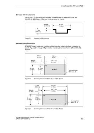 2-3
S7-200 Programmable Controller System Manual
C79000-G7076-C230-02
Standard Rail Requirements
The S7-200 CPU and expansion modules can be installed on a standard (DIN) rail
(DIN EN 50 022). Figure 2-3 shows the dimensions for this rail.
35 mm
(1.38 in.)
1.0 mm
(0.039 in.)
7.5 mm
(0.29 in.)
Figure 2-3 Standard Rail Dimensions
Panel-Mounting Dimensions
S7-200 CPUs and expansion modules include mounting holes to facilitate installation on
panels. Figures 2-4 through 2-8 provide the mounting dimensions for the different S7-200
modules.
6.4 mm
(0.25 in.)
6.4 mm
(0.25 in.)
147.3 mm
(5.8 in.)
S7-212
Mounting holes
(M4 or no. 8)
80 mm
(3.15 in.)
67.3 mm
(2.65 in.)
160 mm
(6.3 in.)
Figure 2-4 Mounting Dimensions for an S7-212 CPU Module
6.4 mm
(0.25 in.)
184.3 mm
(7.25 in.)
S7-214
Mounting holes
(M4 or no. 8)
197 mm
(7.76 in.)
6.4 mm
(0.25 in.)
80 mm
(3.15 in.)
67.3 mm
(2.65 in.)
Figure 2-5 Mounting Dimensions for an S7-214 CPU Module
Installing an S7-200 Micro PLC
 