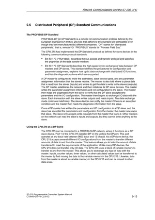 9-15
S7-200 Programmable Controller System Manual
C79000-G7076-C230-02
9.5 Distributed Peripheral (DP) Standard Communications
The PROFIBUS-DP Standard
PROFIBUS-DP (or DP Standard) is a remote I/O communication protocol defined by the
European Standard EN 50170. Devices that adhere to this standard are compatible even
though they are manufactured by different companies. “DP” stands for “distributed
peripherals,” that is, remote I/O. “PROFIBUS” stands for “Process Field Bus.”
The CPU 215 has implemented the DP Standard protocol as defined for slave devices in the
following communication protocol standards:
S EN 50 170 (PROFIBUS) describes the bus access and transfer protocol and specifies
the properties of the data transfer medium.
S EN 50 170 (DP Standard) describes the high-speed cyclic exchange of data between DP
masters and DP slaves. This standard defines the procedures for configuration and
parameter assignment, explains how cyclic data exchange with distributed I/O functions,
and lists the diagnostic options which are supported.
A DP master is configured to know the addresses, slave device types, and any parameter
assignment information that the slaves require. The master is also told where to place data
that is read from the slaves (inputs) and where to get the data to write to the slaves (outputs).
The DP master establishes the network and then initializes its DP slave devices. The master
writes the parameter assignment information and I/O configuration to the slave. The master
then reads the diagnostics from the slave to verify that the DP slave accepted the
parameters and the I/O configuration. The master then begins to exchange I/O data with the
slave. Each transaction with the slave writes outputs and reads inputs. The data exchange
mode continues indefinitely. The slave devices can notify the master if there is an exception
condition and the master then reads the diagnostic information from the slave.
Once a DP master has written the parameters and I/O configuration to a DP slave, and the
slave has accepted the parameters and configuration from the master, the master now owns
that slave. The slave only accepts write requests from the master that owns it. Other masters
on the network can read the slave’s inputs and outputs, but they cannot write anything to the
slave.
Using the CPU 215 as a DP Slave
The CPU 215 can be connected to a PROFIBUS-DP network, where it functions as a DP
slave device. Port 1 of the CPU 215 (labeled DP on the unit) is the DP port. This port
operates at any baud rate between 9600 baud and 12 Mbaud. As a DP slave device, the
CPU 215 accepts several different I/O configurations from the master to transfer different
amounts of data to and from the master. This feature allows you to tailor the amount of data
transferred to meet the requirements of the application. Unlike many DP devices, the
CPU 215 does not transfer only I/O data. The CPU 215 uses a block of variable memory to
transfer to and from the master. This allows you to exchange any type of data with the
master. Inputs, counter values, timer values, or other calculated values can be transferred to
the master by first moving the data to the variable memory in the CPU 215. Likewise, data
from the master is stored in variable memory in the CPU 215 and can be moved to other
data areas.
Network Communications and the S7-200 CPU
 