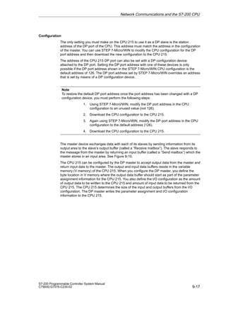 9-17
S7-200 Programmable Controller System Manual
C79000-G7076-C230-02
Configuration
The only setting you must make on the CPU 215 to use it as a DP slave is the station
address of the DP port of the CPU. This address must match the address in the configuration
of the master. You can use STEP 7-Micro/WIN to modify the CPU configuration for the DP
port address and then download the new configuration to the CPU 215.
The address of the CPU 215 DP port can also be set with a DP configuration device
attached to the DP port. Setting the DP port address with one of these devices is only
possible if the DP port address shown in the STEP 7-Micro/WIN CPU configuration is the
default address of 126. The DP port address set by STEP 7-Micro/WIN overrides an address
that is set by means of a DP configuration device.
Note
To restore the default DP port address once the port address has been changed with a DP
configuration device, you must perform the following steps:
1. Using STEP 7-Micro/WIN, modify the DP port address in the CPU
configuration to an unused value (not 126).
2. Download the CPU configuration to the CPU 215.
3. Again using STEP 7-Micro/WIN, modify the DP port address in the CPU
configuration to the default address (126).
4. Download the CPU configuration to the CPU 215.
The master device exchanges data with each of its slaves by sending information from its
output area to the slave’s output buffer (called a “Receive mailbox”). The slave responds to
the message from the master by returning an input buffer (called a “Send mailbox”) which the
master stores in an input area. See Figure 9-10.
The CPU 215 can be configured by the DP master to accept output data from the master and
return input data to the master. The output and input data buffers reside in the variable
memory (V memory) of the CPU 215. When you configure the DP master, you define the
byte location in V memory where the output data buffer should start as part of the parameter
assignment information for the CPU 215. You also define the I/O configuration as the amount
of output data to be written to the CPU 215 and amount of input data to be returned from the
CPU 215. The CPU 215 determines the size of the input and output buffers from the I/O
configuration. The DP master writes the parameter assignment and I/O configuration
information to the CPU 215.
Network Communications and the S7-200 CPU
 