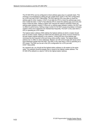 9-32
S7-200 Programmable Controller System Manual
C79000-G7076-C230-02
The S7-200 CPUs can be configured to check address gaps only on a periodic basis. This
checking is accomplished by setting the gap update factor (GUF) in the CPU configuration
for a CPU port with STEP 7-Micro/WIN. The GUF tells the CPU how often to check the
address gap for other masters. A GUF of one tells the CPU to check the address gap every
time it holds the token. A GUF of two tells the CPU to check the address gap once every two
times it holds the token. Setting a higher GUF reduces the network overhead if there are
address gaps between masters. If there are no address gaps between masters, the GUF has
no effect on performance. Setting a large number for the GUF causes long delays in bringing
masters online since addresses are checked less frequently. The GUF is only used when a
CPU is operating as a PPI master.
The highest station address (HSA) defines the highest address at which a master should
look for another master. Setting an HSA limits the address gap which must be checked by
the last master (highest address) in the network. Limiting the size of the address gap
minimizes the time required to find and bring online another master. The highest station
address has no effect on slave addresses. Masters can still communicate with slaves which
have addresses greater than the HSA. The HSA is only used when a CPU is operating as a
PPI master. The HSA can be set in the CPU configuration for a CPU port with
STEP 7-Micro/WIN.
As a general rule, you should set the highest station address on all masters to the same
value. This address should be greater than or equal to the highest master address. The
S7-200 CPUs default to a value of 126 for the highest station address.
Network Communications and the S7-200 CPU
 