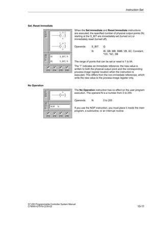 10-11
S7-200 Programmable Controller System Manual
C79000-G7076-C230-02
Set, Reset Immediate
When the Set Immediate and Reset Immediate instructions
are executed, the specified number of physical output points (N)
starting at the S_BIT are immediately set (turned on) or
immediately reset (turned off).
Operands: S_BIT: Q
N: IB, QB, MB, SMB, VB, AC, Constant,
*VD, *AC, SB
The range of points that can be set or reset is 1 to 64.
The “I” indicates an immediate reference; the new value is
written to both the physical output point and the corresponding
process-image register location when the instruction is
executed. This differs from the non-immediate references, which
write the new value to the process-image register only.
No Operation
The No Operation instruction has no effect on the user program
execution. The operand N is a number from 0 to 255.
Operands: N: 0 to 255
If you use the NOP instruction, you must place it inside the main
program, a subroutine, or an interrupt routine.
Instruction Set
L
A
D
S
T
L
S_BIT
S_I
N
S_BIT
R_I
N
SI S_BIT, N
RI S_BIT, N
212 214 215 216
✓ ✓ ✓
✓
L
A
D
S
T
L
NOP N
N
NOP
212 214 215 216
✓ ✓ ✓
✓
 