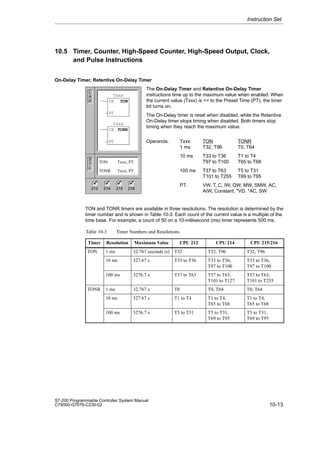 10-13
S7-200 Programmable Controller System Manual
C79000-G7076-C230-02
10.5 Timer, Counter, High-Speed Counter, High-Speed Output, Clock,
and Pulse Instructions
On-Delay Timer, Retentive On-Delay Timer
The On-Delay Timer and Retentive On-Delay Timer
instructions time up to the maximum value when enabled. When
the current value (Txxx) is = to the Preset Time (PT), the timer
bit turns on.
The On-Delay timer is reset when disabled, while the Retentive
On-Delay timer stops timing when disabled. Both timers stop
timing when they reach the maximum value.
Operands: Txxx: TON TONR
1 ms T32, T96 T0, T64
10 ms T33 to T36 T1 to T4
T97 to T100 T65 to T68
100 ms T37 to T63 T5 to T31
T101 to T255 T69 to T95
PT: VW, T, C, IW, QW, MW, SMW, AC,
AIW, Constant, *VD, *AC, SW
TON and TONR timers are available in three resolutions. The resolution is determined by the
timer number and is shown in Table 10-3. Each count of the current value is a multiple of the
time base. For example, a count of 50 on a 10-millisecond (ms) timer represents 500 ms.
Table 10-3 Timer Numbers and Resolutions
Timer Resolution Maximum Value CPU 212 CPU 214 CPU 215/216
TON 1 ms 32.767 seconds (s) T32 T32, T96 T32, T96
10 ms 327.67 s T33 to T36 T33 to T36,
T97 to T100
T33 to T36,
T97 to T100
100 ms 3276.7 s T37 to T63 T37 to T63,
T101 to T127
T37 to T63,
T101 to T255
TONR 1 ms 32.767 s T0 T0, T64 T0, T64
10 ms 327.67 s T1 to T4 T1 to T4,
T65 to T68
T1 to T4,
T65 to T68
100 ms 3276.7 s T5 to T31 T5 to T31,
T69 to T95
T5 to T31,
T69 to T95
Instruction Set
L
A
D
S
T
L
212 214 215 216
✓ ✓ ✓
TON Txxx, PT
TONR Txxx, PT
TON
IN
PT
Txxx
TONR
IN
PT
Txxx
✓
 