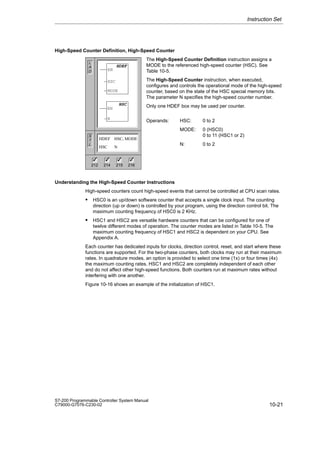 10-21
S7-200 Programmable Controller System Manual
C79000-G7076-C230-02
High-Speed Counter Definition, High-Speed Counter
The High-Speed Counter Definition instruction assigns a
MODE to the referenced high-speed counter (HSC). See
Table 10-5.
The High-Speed Counter instruction, when executed,
configures and controls the operational mode of the high-speed
counter, based on the state of the HSC special memory bits.
The parameter N specifies the high-speed counter number.
Only one HDEF box may be used per counter.
Operands: HSC: 0 to 2
MODE: 0 (HSC0)
0 to 11 (HSC1 or 2)
N: 0 to 2
Understanding the High-Speed Counter Instructions
High-speed counters count high-speed events that cannot be controlled at CPU scan rates.
 HSC0 is an up/down software counter that accepts a single clock input. The counting
direction (up or down) is controlled by your program, using the direction control bit. The
maximum counting frequency of HSC0 is 2 KHz.
 HSC1 and HSC2 are versatile hardware counters that can be configured for one of
twelve different modes of operation. The counter modes are listed in Table 10-5. The
maximum counting frequency of HSC1 and HSC2 is dependent on your CPU. See
Appendix A.
Each counter has dedicated inputs for clocks, direction control, reset, and start where these
functions are supported. For the two-phase counters, both clocks may run at their maximum
rates. In quadrature modes, an option is provided to select one time (1x) or four times (4x)
the maximum counting rates. HSC1 and HSC2 are completely independent of each other
and do not affect other high-speed functions. Both counters run at maximum rates without
interfering with one another.
Figure 10-16 shows an example of the initialization of HSC1.
Instruction Set
L
A
D
S
T
L
HDEF HSC, MODE
HSC N
HDEF
EN
HSC
MODE
212 214 215 216
✓ ✓ ✓
✓
HSC
EN
N
 