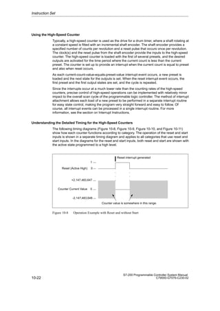 10-22
S7-200 Programmable Controller System Manual
C79000-G7076-C230-02
Using the High-Speed Counter
Typically, a high-speed counter is used as the drive for a drum timer, where a shaft rotating at
a constant speed is fitted with an incremental shaft encoder. The shaft encoder provides a
specified number of counts per revolution and a reset pulse that occurs once per revolution.
The clock(s) and the reset pulse from the shaft encoder provide the inputs to the high-speed
counter. The high-speed counter is loaded with the first of several presets, and the desired
outputs are activated for the time period where the current count is less than the current
preset. The counter is set up to provide an interrupt when the current count is equal to preset
and also when reset occurs.
As each current-count-value-equals-preset-value interrupt event occurs, a new preset is
loaded and the next state for the outputs is set. When the reset interrupt event occurs, the
first preset and the first output states are set, and the cycle is repeated.
Since the interrupts occur at a much lower rate than the counting rates of the high-speed
counters, precise control of high-speed operations can be implemented with relatively minor
impact to the overall scan cycle of the programmable logic controller. The method of interrupt
attachment allows each load of a new preset to be performed in a separate interrupt routine
for easy state control, making the program very straight forward and easy to follow. Of
course, all interrupt events can be processed in a single interrupt routine. For more
information, see the section on Interrupt Instructions.
Understanding the Detailed Timing for the High-Speed Counters
The following timing diagrams (Figure 10-8, Figure 10-9, Figure 10-10, and Figure 10-11)
show how each counter functions according to category. The operation of the reset and start
inputs is shown in a separate timing diagram and applies to all categories that use reset and
start inputs. In the diagrams for the reset and start inputs, both reset and start are shown with
the active state programmed to a high level.
Reset (Active High) 0
1
+2,147,483,647
-2,147,483,648
0
Counter Current Value
Reset interrupt generated
Counter value is somewhere in this range.
Figure 10-8 Operation Example with Reset and without Start
Instruction Set
 