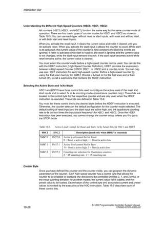 10-28
S7-200 Programmable Controller System Manual
C79000-G7076-C230-02
Understanding the Different High-Speed Counters (HSC0, HSC1, HSC2)
All counters (HSC0, HSC1, and HSC2) function the same way for the same counter mode of
operation. There are four basic types of counter modes for HSC1 and HSC2 as shown in
Table 10-5. You can use each type: without reset or start inputs, with reset and without start,
or with both start and reset inputs.
When you activate the reset input, it clears the current value and holds it cleared until you
de-activate reset. When you activate the start input, it allows the counter to count. While start
is de-activated, the current value of the counter is held constant and clocking events are
ignored. If reset is activated while start is inactive, the reset is ignored and the current value
is not changed, while the start input remains inactive. If the start input becomes active while
reset remains active, the current value is cleared.
You must select the counter mode before a high-speed counter can be used. You can do this
with the HDEF instruction (High-Speed Counter Definition). HDEF provides the association
between a High-speed Counter (HSC0, HSC1, or HSC2) and a counter mode. You can only
use one HDEF instruction for each high-speed counter. Define a high-speed counter by
using the first scan memory bit, SM0.1 (this bit is turned on for the first scan and is then
turned off), to call a subroutine that contains the HDEF instruction.
Selecting the Active State and 1x/4x Mode
HSC1 and HSC2 have three control bits used to configure the active state of the reset and
start inputs and to select 1x or 4x counting modes (quadrature counters only). These bits are
located in the control byte for the respective counter and are only used when the HDEF
instruction is executed. These bits are defined in Table 10-6.
You must set these control bits to the desired state before the HDEF instruction is executed.
Otherwise, the counter takes on the default configuration for the counter mode selected. The
default setting of reset input and the start input are active high, and the quadrature counting
rate is 4x (or four times the input clock frequency) for HSC1 and HSC2. Once the HDEF
instruction has been executed, you cannot change the counter setup unless you first go to
the STOP mode.
Table 10-6 Active Level Control for Reset and Start; 1x/4x Select Bits for HSC1 and HSC2
HSC1 HSC2 Description (used only when HDEF is executed)
SM47.0 SM57.0 Active level control bit for Reset:
0 = Reset is active high; 1 = Reset is active low
SM47.1 SM57.1 Active level control bit for Start:
0 = Start is active high; 1 = Start is active low
SM47.2 SM57.2 Counting rate selection for Quadrature counters:
0 = 4X counting rate; 1 = 1X counting rate
Control Byte
Once you have defined the counter and the counter mode, you can program the dynamic
parameters of the counter. Each high-speed counter has a control byte that allows the
counter to be enabled or disabled; the direction to be controlled (modes 0, 1, and 2 only), or
the initial counting direction for all other modes; the current value to be loaded; and the
preset value to be loaded. Examination of the control byte and associated current and preset
values is invoked by the execution of the HSC instruction. Table 10-7 describes each of
these control bits.
Instruction Set
 