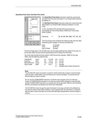 10-49
S7-200 Programmable Controller System Manual
C79000-G7076-C230-02
Read Real-Time Clock, Set Real-Time Clock
The Read Real-Time Clock instruction reads the current time
and date from the clock and loads it in an 8-byte buffer (starting
at address T).
The Set Real-Time Clock instruction writes the current time and
date loaded in an 8-byte buffer (starting at address T) to the
clock.
In STL, the Read_RTC and Set_RTC instructions are
represented as Time of Day Read (TODR) and Time of Day
Write (TODW).
Operands: T: VB, IB, QB, MB, SMB, *VD, *AC, SB
The time-of-day clock initializes the following date and time after
extended power outages or memory has been lost:
Date: 01-Jan-90
Time: 00:00:00
Day of Week Sunday
The time-of-day clock in the S7-200 uses only the least significant two digits for the year, so
for the year 2000, the year will be represented as 00 (it will go from 99 to 00).
You must code all date and time values in BCD format (for example, 16#97 for the year
1997). Use the following data formats:
Year/Month yymm yy - 0 to 99 mm - 1 to 12
Day/Hour ddhh dd - 1 to 31 hh - 0 to 23
Minute/Second mmss mm - 0 to 59 ss - 0 to 59
Day of week 000d d - 0 to 7 1 = Sunday
0 = disables day of week (remains 0)
Note
The S7-200 CPU does not perform a check to verify that the day of week is correct based
upon the date. Invalid dates, such as February 30, may be accepted. You should ensure
that the date you enter is correct.
Do not use the TODR/TODW instruction in both the main program and in an interrupt
routine. A TODR/TODW instruction in an interrupt routine which attempts to execute while
another TODR/TODW instruction is in process will not be executed. SM4.3 is set indicating
that two simultaneous accesses to the clock were attempted.
The S7-200 PLC does not use the year information in any way and will not be affected by
the century rollover (year 2000). However, user programs that use arithmetic or compares
with the year’s value must take into account the two-digit representation and the change in
century.
Instruction Set
L
A
D
S
T
L
TODR T
TODW T
212 214 215 216
✓ ✓ ✓
READ_RTC
EN
T
SET_RTC
EN
T
 