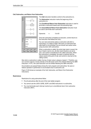 10-88
S7-200 Programmable Controller System Manual
C79000-G7076-C230-02
Call, Subroutine, and Return from Subroutine
The Call instruction transfers control to the subroutine (n).
The Subroutine instruction marks the beginning of the
subroutine (n).
The Conditional Return from Subroutine instruction is used to
terminate a subroutine based upon the preceding logic.
The Unconditional Return from Subroutine instruction must
be used to terminate each subroutine.
Operands: n: 0 to 63
Once the subroutine completes its execution, control returns to
the instruction that follows the CALL.
You can nest subroutines (place a subroutine call within a
subroutine), to a depth of eight. Recursion (a subroutine that
calls itself) is not prohibited, but you should use caution when
using recursion with subroutines.
When a subroutine is called, the entire logic stack is saved, the
top of stack is set to one, all other stack locations are set to
zero, and control is transferred to the called subroutine. When
this subroutine is completed, the stack is restored with the
values saved at the point of call, and control is returned to the
calling routine.
Also when a subroutine is called, the top of stack value is always a logical 1. Therefore, you
can connect outputs or boxes directly to the left power rail for the network following the SBR
instruction. In STL, the Load instruction can be omitted following the SBR instruction.
Accumulators are passed freely among the main program and subroutines. No save or
restore operation is performed on accumulators due to subroutine use.
Figure 10-36 shows an example of the Call, Subroutine, and Return from Subroutine
instructions.
Restrictions
Restrictions for using subroutines follow:
 Put all subroutines after the end of the main ladder program.
 You cannot use the LSCR, SCRE, SCRT, and END instructions in a subroutine.
 You must terminate each interrupt routine by an unconditional return from subroutine
instruction (RET).
Instruction Set
L
A
D
S
T
L
212 214 215 216
✓ ✓ ✓
✓
CALL n
SBR n
CRET
RET
CALL
SBR
n
n
RET
RET
 
