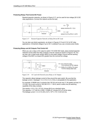 2-14
S7-200 Programmable Controller System Manual
C79000-G7076-C230-02
Protecting Relays That Control DC Power
Resistor/capacitor networks, as shown in Figure 2-17, can be used for low voltage (30 V) DC
relay applications. Connect the network across the load.
+VDC
where minimum R = 12 Ω
R C
IL
Inductor
R 
VDC
IL
where K is 0.5 µF/A to 1 µF/A
C  ILK
Figure 2-17 Resistor/Capacitor Network on Relay-Driven DC Load
You can also use diode suppression, as shown in Figures 2-15 and 2-16, for DC relay
applications. A threshold voltage of up to 36 V is allowed if you use a reverse zener diode.
Protecting Relays and AC Outputs That Control AC
When you use a relay or AC output to switch 115 V/230 VAC loads, place resistor/capacitor
networks across either the relay contacts or the AC outputs as shown in Figure 2-18. You
can also use a metal oxide varistor (MOV) to limit peak voltage. Ensure that the working
voltage of the MOV is at least 20% greater than the nominal line voltage.
R  0.5 x Vrms for relay,
10 Ω minimum for AC outputs.
C = 0.002 µF to 0.005 µF for each
10 VA of steady-state load.
R
C
MOV
Inductor
Figure 2-18 AC Load with Network across Relay or AC Outputs
The capacitor allows leakage current to flow around the open switch. Be sure that the
leakage current, I (leakage) = 2 x 3.14 x f x C x Vrms, is acceptable for the application.
For example: A NEMA size 2 contactor lists 183 VA coil inrush and 17 VA sealed coil load. At
115 VAC, the inrush current is 183 VA/115 V = 1.59 A, which is within the 2A switching
capability of the relay contacts.
The resistor = 0.5 x 115 = 57.5 ; choose 68  as a standard value.
The capacitor = (17 VA/10) x 0.005 = 0.0085 µF; choose 0.01 µF as the value.
The leakage current = 2 x 3.14 x 60 x 0.01 x 10-6 x 115 = 0.43 mA rms.
Installing an S7-200 Micro PLC
 
