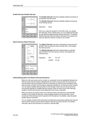 10-116
S7-200 Programmable Controller System Manual
C79000-G7076-C230-02
Enable Interrupt, Disable Interrupt
The Enable Interrupt instruction globally enables processing of
all attached interrupt events.
The Disable Interrupt instruction globally disables processing
of all interrupt events.
Operands: None
When you make the transition to the RUN mode, you disable
the interrupts. Once in RUN mode, you can enable all interrupts
by executing the global Enable Interrupt instruction. The global
Disable Interrupt instruction allows interrupts to be queued, but
does not allow the interrupt routines to be invoked.
Attach Interrupt, Detach Interrupt
The Attach Interrupt instruction associates an interrupt event
(EVENT) with an interrupt routine number (INT), and enables
the interrupt event.
The Detach Interrupt instruction disassociates an interrupt
event (EVENT) from all interrupt routines, and disables the
interrupt event.
Operands: INT : 0 to 127
EVENT: 0 to 26
Understanding Attach and Detach Interrupt Instructions
Before an interrupt routine can be invoked, an association must be established between the
interrupt event and the program segment that you want to execute when the event occurs.
Use the Attach Interrupt instruction (ATCH) to associate an interrupt event (specified by the
interrupt event number) and the program segment (specified by an interrupt routine number).
You can attach multiple interrupt events to one interrupt routine, but one event cannot be
concurrently attached to multiple interrupt routines. When an event occurs with interrupts
enabled, only the last interrupt routine attached to this event is executed.
When you attach an interrupt event to an interrupt routine, that interrupt is automatically
enabled. If you disable all interrupts using the global disable interrupt instruction, each
occurrence of the interrupt event is queued until interrupts are re-enabled, using the global
enable interrupt instruction.
You can disable individual interrupt events by breaking the association between the interrupt
event and the interrupt routine with the Detach Interrupt instruction (DTCH). The Detach
instruction returns the interrupt to an inactive or ignored state.
Instruction Set
L
A
D
S
T
L
212 214 215 216
✓ ✓ ✓
✓
ENI
ENI
DISI
DISI
L
A
D
S
T
L
ATCH INT, EVENT
DTCH EVENT
ATCH
EN
INT
EVENT
212 214 215 216
✓ ✓ ✓
✓
DTCH
EN
EVENT
 