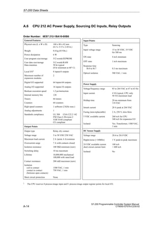 A-14
S7-200 Programmable Controller System Manual
C79000-G7076-C230-02
A.6 CPU 212 AC Power Supply, Sourcing DC Inputs, Relay Outputs
Order Number: 6ES7 212-1BA10-0XB0
General Features
Physical size (L x W x D) 160 x 80 x 62 mm
(6.3 x 3.15 x 2.44 in.)
Weight 0.4 kg (0.9 lbs.)
Power dissipation 6 W
User program size/storage 512 words/EEPROM
User data size/storage
Data retention
512 words/RAM
50 hr typical
(8 hr minimum at 40° C)
Local I/O1 8 inputs/6 outputs
Maximum number of
expansion modules
2
Digital I/O supported 64 inputs/64 outputs
Analog I/O supported 16 inputs/16 outputs
Boolean execution speed 1.2 µs/instruction
Internal memory bits 128
Timers 64 timers
Counters 64 counters
High-speed counters 1 software (2 KHz max.)
Analog adjustments 1
Standards compliance UL 508 CSA C22.2 142
FM Class I, Division 2
VDE 0160 compliant
CE compliant
Output Points
Output type Relay, dry contact
Voltage range 5 to 30 VDC/250 VAC
Maximum load current 2 A /point, 6 A/common
Overcurrent surge 7 A with contacts closed
Isolation resistance 100 MW minimum (new)
Switching delay 10 ms maximum
Lifetime 10,000,000 mechanical
100,000 with rated load
Contact resistance 200 mW maximum (new)
Isolation
coil to contact
contact to contact
(between open contacts)
1500 VAC, 1 min
750 VAC, 1 min
Short circuit protection None
Input Points
Type Sourcing
Input voltage range 15 to 30 VDC, 35 VDC
for 500 ms
ON state 4 mA minimum
OFF state 1 mA maximum
Response time
I0.0 to I0.7 0.3 ms maximum
Optical isolation 500 VAC, 1 min
Power Supply
Voltage/frequency range 85 to 264 VAC at 47 to 63 Hz
Input current 4 VA typical, CPU only
50 VA maximum load
Holdup time 20 ms minimum from
110 VAC
Inrush current 20 A peak at 264 VAC
Fusing (non-replaceable) 2 A, 250 V, slow blow
5 VDC available current 260 mA for CPU
340 mA for expansion I/O
Isolated Yes. Transformer, 1500 VAC,
1 min
DC Sensor Supply
Voltage range 20.4 to 28.8 VDC
Ripple/noise (10MHz) 1 V peak-to-peak maximum
24 VDC available current
short circuit current limit
180 mA
 600 mA
Isolated No
1 The CPU reserves 8 process-image input and 8 process-image output register points for local I/O.
S7-200 Data Sheets
 