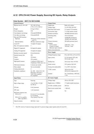 A-26
S7-200 Programmable Controller System Manual
C79000-G7076-C230-02
A.12 CPU 214 AC Power Supply, Sourcing DC Inputs, Relay Outputs
Order Number: 6ES7 214-1BC10-0XB0
General Features
Physical size (L x W x D) 197 x 80 x 62 mm
(7.76 x 3.15 x 2.44 in.)
Weight 0.5 kg (1.0 lbs.)
Power dissipation 9 W
User program size/storage 2 Kwords/EEPROM
User data size/storage 2 Kwords/RAM
Data and TOD retention
Supercap
Optional battery
190 hr typ. (120 hr minimum
at 40° C)
200 days continuous usage
Local I/O1 14 inputs/10 outputs
Max. I/O expansion modules 7
Digital I/O supported 64 inputs/64 outputs
Analog I/O supported 16 inputs/16 outputs
Boolean execution speed 0.8 µs/instruction
Internal memory bits 256
Timers 128 timers
Counters 128 counters
High-speed counters 1 software (2 KHz max.)
2 hardware (7 KHz max. ea.)
TOD clock tolerance 6 minutes per month
Pulse outputs Not recommended
Analog adjustments 2
Standards compliance UL 508 CSA C22.2 142
FM Class I, Division 2
VDE 0160 compliant
CE compliant
Input Points
Type Sourcing
Input voltage range 15 to 30 VDC, 35 VDC
for 500 ms
ON state 4 mA minimum
OFF state 1 mA maximum
Maximum response time
I0.0 to I1.5
I0.6 to I1.5 as used by
HSC1 and HSC2
0.2 ms to 8.7 ms selectable
0.2 ms default
30 µs typical/70 µs max.
Optical isolation 500 VAC, 1 min
Output Points
Output type Relay, dry contact
Voltage range 5 to 30 VDC/250 VAC
Maximum load current 2 A /point, 8 A/common
Overcurrent surge 7 A with contacts closed
Isolation resistance 100 M minimum (new)
Switching delay 10 ms maximum
Lifetime 10,000,000 mechanical
100,000 with rated load
Contact resistance 200 m maximum (new)
Isolation
Coil to contact
Contact to contact
(Between open contacts)
1500 VAC, 1 min
750 VAC, 1 min
Short circuit protection None
Power Supply
Voltage/frequency range 85 to 264 VAC at 47 to 63 Hz
Input current 4.5 VA typical, CPU only
50 VA max. load
Holdup time 20 ms min. from 110 VAC
Inrush current 20 A peak at 264 VAC
Fusing (non-replaceable) 2 A, 250 V, slow blow
5 VDC current 340 mA for CPU
660 mA for expansion I/O
Isolated Yes. Transformer, 1500 VAC,
1 min
DC Sensor Supply
Voltage range 20.4 to 28.8 VDC
Ripple/noise (10MHz) 1 V peak-to-peak maximum
24 VDC available current 280 mA
Short circuit current limit  600 mA
Isolated No
1 The CPU reserves 16 process-image input and 16 process-image output register points for local I/O.
S7-200 Data Sheets
 