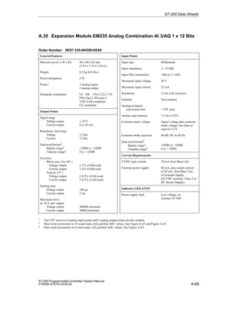 A-69
S7-200 Programmable Controller System Manual
C79000-G7076-C230-02
A.35 Expansion Module EM235 Analog Combination AI 3/AQ 1 x 12 Bits
Order Number: 6ES7 235-0KD00-0XA0
General Features
Physical size (L x W x D) 90 x 80 x 62 mm
(3.54 x 3.15 x 2.44 in.)
Weight 0.2 kg (0.4 lbs.)
Power dissipation 2 W
Points1 3 analog inputs
1 analog output
Standards compliance UL 508 CSA C22.2 142
FM Class I, Division 2
VDE 0160 compliant
CE compliant
Output Points
Signal range
Voltage output
Current output
± 10 V
0 to 20 mA
Resolution, full-range
Voltage
Current
12 bits
11 bits
Datawordformat2
Bipolar range3
Unipolar range2
-32000 to +32000
0 to + 32000
Accuracy
Worst case, 0 to 60° c
Voltage output
Current output
Typical, 25° c
Voltage output
Current output
± 2% of full-scale
± 2% of full-scale
± 0.5% of full-scale
± 0.5% of full-scale
Settling time
Voltage output
Current output
100 µs
2 ms
Maximum drive
@ 24 V user supply
Voltage output
Current output
5000Ω minimum
500Ω maximum
Input Points
Input type Differential
Input impedance w 10 MΩ
Input filter attenuation -3db @ 3.1 kHz
Maximum input voltage 30 V
Maximum input current 32 mA
Resolution 12 bit A/D converter
Isolation Non-isolated
Analog-to-digital
conversion time  250 µsec
Analog step response 1.5 ms to 95%
Common mode voltage Signal voltage plus common
mode voltage, less than or
equal to 12 V
Common mode rejection 40 dB, DC to 60 Hz
Data word format2
Bipolar range3
Unipolar range2
-32000 to +32000
0 to + 32000
Current Requirements
5 VDC logic current 70 mA from Base Unit
External power supply 60 mA, plus output current
of 20 mA, from Base Unit
or External Supply
(24 VDC nominal, Class 2 or
DC Sensor Supply)
Indicator LED, EXTF
Power supply fault Low voltage, on
external 24 VDC
1 The CPU reserves 4 analog input points and 2 analog output points for this module.
2 Data word increments in 16 count steps, left justified ADC values. See Figure A-43 and Figure A-45.
3 Data word increments in 8 count steps, left justified ADC values. See Figure A-43.
S7-200 Data Sheets
 