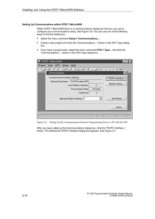 3-10
S7-200 Programmable Controller System Manual
C79000-G7076-C230-02
Setting Up Communications within STEP 7-Micro/WIN
Within STEP 7-Micro/WIN there is a Communications dialog box that you can use to
configure your communications setup. See Figure 3-6. You can use one of the following
ways to find this dialog box:
S Select the menu command Setup  Communications....
S Create a new project and click the “Communications...” button in the CPU Type dialog
box.
S If you have a project open, select the menu command CPU  Type... and click the
“Communications...” button in the CPU Type dialog box.
✂
Project View CPU Setup Help
STEP 7-Micro/WIN
Communications
Close
Modem Setup...
PG/PC Interface...
Test Setup
Current Communication Settings
Remote Station Address 2
Module Parameter
Local Station Address
Transmission Rate
COM Port
PC/PPI cable (PPI)
0
9.6 kbps
2
Figure 3-6 Setting Up the Communications between Programming Device or PC and the CPU
After you have called up the Communications dialog box, click the “PG/PC Interface...”
button. The Setting the PG/PC Interface dialog box appears. See Figure 3-7.
Installing and Using the STEP 7-Micro/WIN Software
 