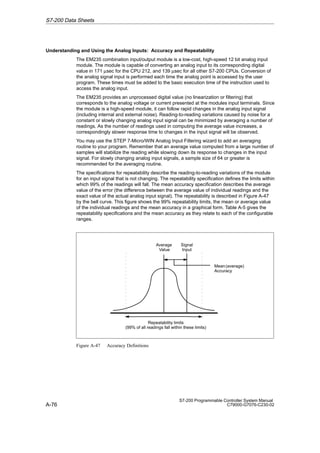 A-76
S7-200 Programmable Controller System Manual
C79000-G7076-C230-02
Understanding and Using the Analog Inputs: Accuracy and Repeatability
The EM235 combination input/output module is a low-cost, high-speed 12 bit analog input
module. The module is capable of converting an analog input to its corresponding digital
value in 171 µsec for the CPU 212, and 139 µsec for all other S7-200 CPUs. Conversion of
the analog signal input is performed each time the analog point is accessed by the user
program. These times must be added to the basic execution time of the instruction used to
access the analog input.
The EM235 provides an unprocessed digital value (no linearization or filtering) that
corresponds to the analog voltage or current presented at the modules input terminals. Since
the module is a high-speed module, it can follow rapid changes in the analog input signal
(including internal and external noise). Reading-to-reading variations caused by noise for a
constant or slowly changing analog input signal can be minimized by averaging a number of
readings. As the number of readings used in computing the average value increases, a
correspondingly slower response time to changes in the input signal will be observed.
You may use the STEP 7-Micro/WIN Analog Input Filtering wizard to add an averaging
routine to your program. Remember that an average value computed from a large number of
samples will stabilize the reading while slowing down its response to changes in the input
signal. For slowly changing analog input signals, a sample size of 64 or greater is
recommended for the averaging routine.
The specifications for repeatability describe the reading-to-reading variations of the module
for an input signal that is not changing. The repeatability specification defines the limits within
which 99% of the readings will fall. The mean accuracy specification describes the average
value of the error (the difference between the average value of individual readings and the
exact value of the actual analog input signal). The repeatability is described in Figure A-47
by the bell curve. This figure shows the 99% repeatability limits, the mean or average value
of the individual readings and the mean accuracy in a graphical form. Table A-5 gives the
repeatability specifications and the mean accuracy as they relate to each of the configurable
ranges.
Repeatability limits
(99% of all readings fall within these limits)
Average
Value
Mean(average)
Accuracy
Signal
Input
Figure A-47 Accuracy Definitions
S7-200 Data Sheets
 