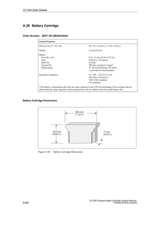 A-80
S7-200 Programmable Controller System Manual
C79000-G7076-C230-02
A.38 Battery Cartridge
Order Number: 6ES7 291-8BA00-0XA0
General Features
Physical size (L x W x D) 28 x 10 x 16 mm (1.1 x 0.4 x 0.6 in.)
Weight 3.6 g (0.01 lbs.)
Battery
Size (dia. x ht.)
Type
Shelf life
Typical life
Replacement
9.9 x 2.5 mm (0.39 x 0.10 in.)
Lithium ( 0.6 grams)
10 years
200 days continuous usage*
3V 30 mA/hr.(Renata CR 1025)
1 year interval recommended
Standards compliance UL 508 CSA C22.2 142
FM Class I, Division 2
VDE 0160 compliant
CE compliant
*The battery is operational only after the super capacitor in the CPU has discharged. Power outages that are
shorter than the super capacitor’s data retention time will not subtract from the useful battery life.
Battery Cartridge Dimensions
28.5 mm
(1.12 in.)
16.5 mm
(0.65 in.)
11 mm
(0.42 in.)
Figure A-50 Battery Cartridge Dimensions
S7-200 Data Sheets
 