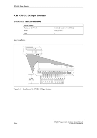 A-84
S7-200 Programmable Controller System Manual
C79000-G7076-C230-02
A.41 CPU 212 DC Input Simulator
Order Number: 6ES7 274-1XF00-0XA0
General Features
Physical size (L x W x D) 61 x 36 x 22 mm (2.4 x 1.4 x 0.85 in.)
Weight 0.02 Kg (0.04 lb.)
Points 8
User Installation
1
0
DC 24V
INPUTS
DC
SENSOR
SUPPLY
23 mm
(0.9 in.)
1M 0.0 0.1 0.2 0.3 2M 0.4 0.5 M
0.6 0.7 L+
Figure A-53 Installation of the CPU 212 DC Input Simulator
S7-200 Data Sheets
 