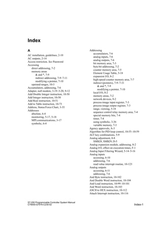 Index-1
S7-200 Programmable Controller System Manual
C79000-G7076-C230-02
Index
A
AC installation, guidelines, 2-10
AC outputs, 2-14
Access restriction. See Password
Accessing
direct addressing, 7-2
memory areas
 and *, 7-9
indirect addressing, 7-9–7-11
modifying a pointer, 7-10
operand ranges, 10-3
Accumulators, addressing, 7-6
Adapter, null modem, 3-19–3-20, 9-12
Add Double Integer instruction, 10-50
Add Integer instruction, 10-50
Add Real instruction, 10-51
Add to Table instruction, 10-73
Address, Status/Force Chart, 3-35
Addresses
absolute, 6-4
monitoring, 5-17, 5-18
MPI communications, 3-17
symbolic, 6-4
Addressing
accumulators, 7-6
analog inputs, 7-6
analog outputs, 7-6
bit memory area, 7-3
byte:bit addressing, 7-2
counter memory area, 7-5
Element Usage Table, 5-18
expansion I/O, 8-2
high-speed counter memory area, 7-7
indirect (pointers), 7-9–7-11
 and *, 7-9
modifying a pointer, 7-10
local I/O, 8-2
memory areas, 7-2
network devices, 9-2
process-image input register, 7-3
process-image output register, 7-3
range, viewing, 5-18
sequence control relay memory area, 7-4
special memory bits, 7-4
timer, 7-4
using symbolic, 3-36
variable memory, 7-3
Agency approvals, A-3
Algorithm for PID loop control, 10-55–10-59
ALT key combinations, 5-9
Analog adjustment, 8-8
SMB28, SMB29, D-5
Analog expansion module, addressing, 8-2
Analog I/O, effect on execution times, F-1
Analog Input Filtering Wizard, 5-14–5-16
Analog inputs
accessing, 6-10
addressing, 7-6
read value interrupt routine, 10-123
Analog outputs
accessing, 6-11
addressing, 7-6
And Byte instruction, 10-102
And Double Word instruction, 10-104
And Load instruction, 10-99–10-101
And Word instruction, 10-103
ASCII to HEX instruction, 10-112
Attach Interrupt instruction, 10-116
 