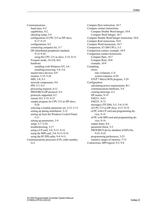 Index-3
S7-200 Programmable Controller System Manual
C79000-G7076-C230-02
Communications
baud rates, 9-2
capabilities, 9-2
checking setup, 3-9
configuration of CPU 215 as DP slave,
9-17–9-19
configurations, 9-2
connecting computer for, 3-7
DP (distributed peripheral) standard,
9-15–9-26
using the CPU 215 as slave, 3-19, 9-15
Freeport mode, 10-124, D-6
hardware
installing with Windows NT, 3-6
installing/removing, 3-4–3-6
master/slave devices, 9-9
modem, 3-19–3-24
MPI, 3-8, 9-3
network components, 9-6
PPI, 3-7, 9-3
processing requests, 6-11
PROFIBUS-DP protocol, 9-4
protocols supported, 9-2
remote I/O, 3-19, 9-15
sample program for CPU 215 as DP slave,
9-26
selecting a module parameter set, 3-12–3-13
setting up during installation, 3-12
setting up from the Windows Control Panel,
3-11
setting up parameters, 3-9
setup, 3-7–3-24
troubleshooting, 3-17
using a CP card, 3-8, 9-13–9-14
using the MPI card, 3-8, 9-13–9-14
using the PC/PPI cable, 9-9–9-11
Communications processor (CP), order number,
G-2
Compare Byte instruction, 10-7
Compare contact instructions
Compare Double Word Integer, 10-8
Compare Word Integer, 10-7
Compare Double Word Integer instruction, 10-8
Compare Real instruction, 10-8
Compare Word instruction, 10-7
Comparison, S7-200 CPUs, 1-3
Comparison contact, example, 10-9
Comparison contact instructions
Compare Byte, 10-7
Compare Real, 10-8
example, 10-9
Compiling
errors
rule violations, C-4
system response, 6-20
STEP 7-Micro/WIN program, 3-29
Configuration
calculating power requirements, B-1
communications hardware, 3-4
creating drawings, 6-3
DP master, 9-19
EM231, A-61
EM235, A-71
messages (TD 200), 5-3, 5-6–5-10
of CPU 215 as DP slave, 9-17–9-19
of PC with CP card and programming de-
vice, 9-14
of PC with MPI card and programming de-
vice, 9-14
output states, 8-6
parameter block, 5-3
PROFIBUS device database (GSD) file,
9-23–9-25
programming preferences, 3-25
retentive ranges of memory, 7-15
Connections, MPI logical, 9-3, 9-4
Index
 