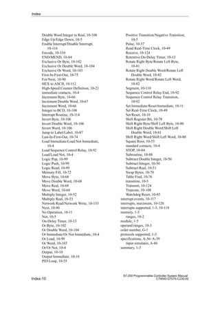 Index-10
S7-200 Programmable Controller System Manual
C79000-G7076-C230-02
Double Word Integer to Real, 10-108
Edge Up/Edge Down, 10-5
Enable Interrupt/Disable Interrupt,
10-116
Encode, 10-110
END/MEND, 10-84
Exclusive Or Byte, 10-102
Exclusive Or Double Word, 10-104
Exclusive Or Word, 10-103
First-In-First-Out, 10-75
For/Next, 10-90
HEX to ASCII, 10-112
High-Speed Counter Definition, 10-21
immediate contacts, 10-4
Increment Byte, 10-66
Increment Double Word, 10-67
Increment Word, 10-66
Integer to BCD, 10-108
Interrupt Routine, 10-114
Invert Byte, 10-106
Invert Double Word, 10-106
Invert Word, 10-106
Jump to Label/Label, 10-87
Last-In-First-Out, 10-74
Load Immediate/Load Not Immediate,
10-4
Load Sequence Control Relay, 10-92
Load/Load Not, 10-4
Logic Pop, 10-99
Logic Push, 10-99
Logic Read, 10-99
Memory Fill, 10-72
Move Byte, 10-68
Move Double Word, 10-68
Move Real, 10-68
Move Word, 10-68
Multiply Integer, 10-52
Multiply Real, 10-53
Network Read/Network Write, 10-133
Next, 10-90
No Operation, 10-11
Not, 10-5
On-Delay Timer, 10-13
Or Byte, 10-102
Or Double Word, 10-104
Or Immediate/Or Not Immediate, 10-4
Or Load, 10-99
Or Word, 10-103
Or/Or Not, 10-4
Output, 10-10
Output Immediate, 10-10
PID Loop, 10-55
Positive Transition/Negative Transition,
10-5
Pulse, 10-37
Read Real-Time Clock, 10-49
Receive, 10-124
Retentive On-Delay Timer, 10-13
Rotate Right Byte/Rotate Left Byte,
10-81
Rotate Right Double Word/Rotate Left
Double Word, 10-82
Rotate Right Word/Rotate Left Word,
10-82
Segment, 10-110
Sequence Control Relay End, 10-92
Sequence Control Relay Transition,
10-92
Set Immediate/Reset Immediate, 10-11
Set Real-Time Clock, 10-49
Set/Reset, 10-10
Shift Register Bit, 10-78
Shift Right Byte/Shift Left Byte, 10-80
Shift Right Double Word/Shift Left
Double Word, 10-81
Shift Right Word/Shift Left Word, 10-80
Square Root, 10-53
standard contacts, 10-4
STOP, 10-84
Subroutine, 10-88
Subtract Double Integer, 10-50
Subtract Integer, 10-50
Subtract Real, 10-51
Swap Bytes, 10-70
Table Find, 10-76
transition, 10-5
Transmit, 10-124
Truncate, 10-108
Watchdog Reset, 10-85
interrupt events, 10-117
interrupts, maximum, 10-120
interrupts supported, 1-3, 10-118
memory, 1-3
ranges, 10-2
module, 1-5
operand ranges, 10-3
order number, G-1
protocols supported, 1-3
specifications, A-36–A-39
input simulator, A-86
summary, 1-3
Index
 