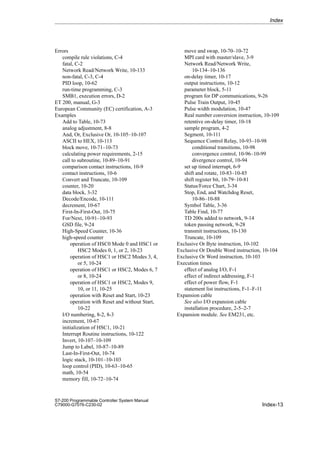 Index-13
S7-200 Programmable Controller System Manual
C79000-G7076-C230-02
Errors
compile rule violations, C-4
fatal, C-2
Network Read/Network Write, 10-133
non-fatal, C-3, C-4
PID loop, 10-62
run-time programming, C-3
SMB1, execution errors, D-2
ET 200, manual, G-3
European Community (EC) certification, A-3
Examples
Add to Table, 10-73
analog adjustment, 8-8
And, Or, Exclusive Or, 10-105–10-107
ASCII to HEX, 10-113
block move, 10-71–10-73
calculating power requirements, 2-15
call to subroutine, 10-89–10-91
comparison contact instructions, 10-9
contact instructions, 10-6
Convert and Truncate, 10-109
counter, 10-20
data block, 3-32
Decode/Encode, 10-111
decrement, 10-67
First-In-First-Out, 10-75
For/Next, 10-91–10-93
GSD file, 9-24
High-Speed Counter, 10-36
high-speed counter
operation of HSC0 Mode 0 and HSC1 or
HSC2 Modes 0, 1, or 2, 10-23
operation of HSC1 or HSC2 Modes 3, 4,
or 5, 10-24
operation of HSC1 or HSC2, Modes 6, 7
or 8, 10-24
operation of HSC1 or HSC2, Modes 9,
10, or 11, 10-25
operation with Reset and Start, 10-23
operation with Reset and without Start,
10-22
I/O numbering, 8-2, 8-3
increment, 10-67
initialization of HSC1, 10-21
Interrupt Routine instructions, 10-122
Invert, 10-107–10-109
Jump to Label, 10-87–10-89
Last-In-First-Out, 10-74
logic stack, 10-101–10-103
loop control (PID), 10-63–10-65
math, 10-54
memory fill, 10-72–10-74
move and swap, 10-70–10-72
MPI card with master/slave, 3-9
Network Read/Network Write,
10-134–10-136
on-delay timer, 10-17
output instructions, 10-12
parameter block, 5-11
program for DP communications, 9-26
Pulse Train Output, 10-45
Pulse width modulation, 10-47
Real number conversion instruction, 10-109
retentive on-delay timer, 10-18
sample program, 4-2
Segment, 10-111
Sequence Control Relay, 10-93–10-98
conditional transitions, 10-98
convergence control, 10-96–10-99
divergence control, 10-94
set up timed interrupt, 6-9
shift and rotate, 10-83–10-85
shift register bit, 10-79–10-81
Status/Force Chart, 3-34
Stop, End, and Watchdog Reset,
10-86–10-88
Symbol Table, 3-36
Table Find, 10-77
TD 200s added to network, 9-14
token passing network, 9-28
transmit instructions, 10-130
Truncate, 10-109
Exclusive Or Byte instruction, 10-102
Exclusive Or Double Word instruction, 10-104
Exclusive Or Word instruction, 10-103
Execution times
effect of analog I/O, F-1
effect of indirect addressing, F-1
effect of power flow, F-1
statement list instructions, F-1–F-11
Expansion cable
See also I/O expansion cable
installation procedure, 2-5–2-7
Expansion module. See EM231, etc.
Index
 