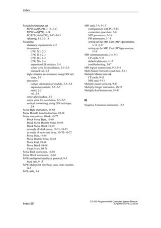 Index-20
S7-200 Programmable Controller System Manual
C79000-G7076-C230-02
Moudule parameter set
MPI Card (MPI), 3-16–3-17
MPI Card (PPI), 3-14
PC/PPI Cable (PPI), 3-12–3-13
selecting, 3-12–3-13
Mounting
clearance requirements, 2-2
dimensions
CPU 212, 2-3
CPU 214, 2-3
CPU 215, 2-4
CPU 216, 2-4
expansion I/O modules, 2-4
screw sizes for installation, 2-3–2-5
standard rail, 2-3
high-vibration environment, using DIN rail
stops, 2-6
procedure
correct orientation of module, 2-5–2-8
expansion module, 2-5–2-7
panel, 2-5
rail, 2-6
removal procedure, 2-7
screw sizes for installation, 2-3–2-5
vertical positioning, using DIN rail stops,
2-6
Move Byte instruction, 10-68
Move Double Word instruction, 10-68
Move instructions, 10-68–10-77
Block Move Byte, 10-69
Block Move Double Word, 10-69
Block Move Word, 10-69
example of block move, 10-71–10-73
example of move and swap, 10-70–10-72
Move Byte, 10-68
Move Double Word, 10-68
Move Real, 10-68
Move Word, 10-68
Swap Bytes, 10-70
Move Real instruction, 10-68
Move Word instruction, 10-68
MPI (multipoint interface), protocol, 9-3
baud rate, 9-13
MPI (Multipoint Interface) card, order number,
G-2
MPI cable, 3-8
MPI card, 3-8, 9-13
configuration with PC, 9-14
connection procedure, 3-8
MPI parameters, 3-16
PPI parameters, 3-14
setting up the MPI Card (MPI) parameters,
3-16–3-17
setting up the MPI Card (PPI) parameters,
3-14
MPI communications, 3-8, 9-3
CP cards, 9-13
default addresses, 3-17
troubleshooting, 3-17
MPI logical connections, 9-3, 9-4
Multi Master Network check box, 3-13
Multiple Master network
CP cards, 9-13
MPI card, 9-13
Multiple master network, 9-13
Multiply Integer instruction, 10-52
Multiply Real instruction, 10-53
N
Negative Transition instruction, 10-5
Index
 