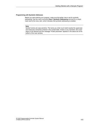 4-9
S7-200 Programmable Controller System Manual
C79000-G7076-C230-02
Programming with Symbolic Addresses
Before you start entering your program, make sure the ladder view is set for symbolic
addressing. Use the menu command View  Symbolic Addressing and look for a check
mark next to the menu item, which indicates that symbolic addressing is enabled.
Note
Symbol names are case-sensitive. The name you enter must match exactly the uppercase
and lowercase characters entered in the symbol table. If there is any mismatch, the cursor
stays on the element and the message “Invalid parameter” appears in the status bar at the
bottom of the main window.
Getting Started with a Sample Program
 